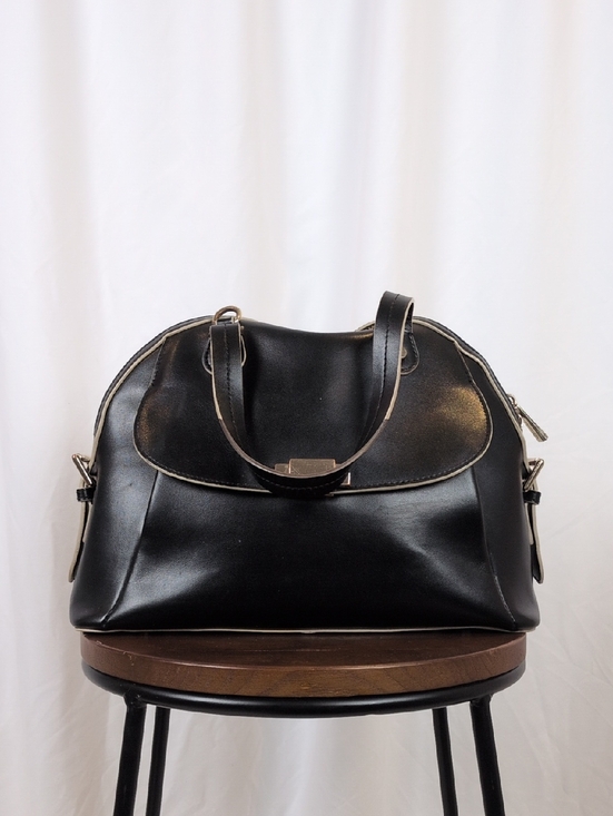Danier Handbags - Danier Black Leather Dome Satchel Bag with Contrast Trim